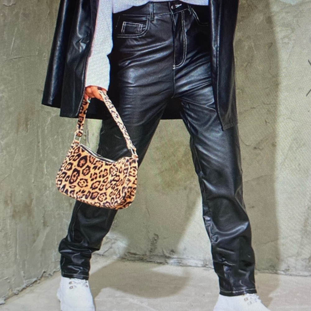 BLACK FAUX LEATHER CONTRAST STITCH STRAIGHT PANTS